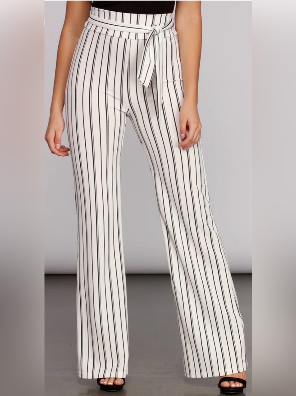 Windsor White Wide-Leg Stripe Pants with Waist Tie